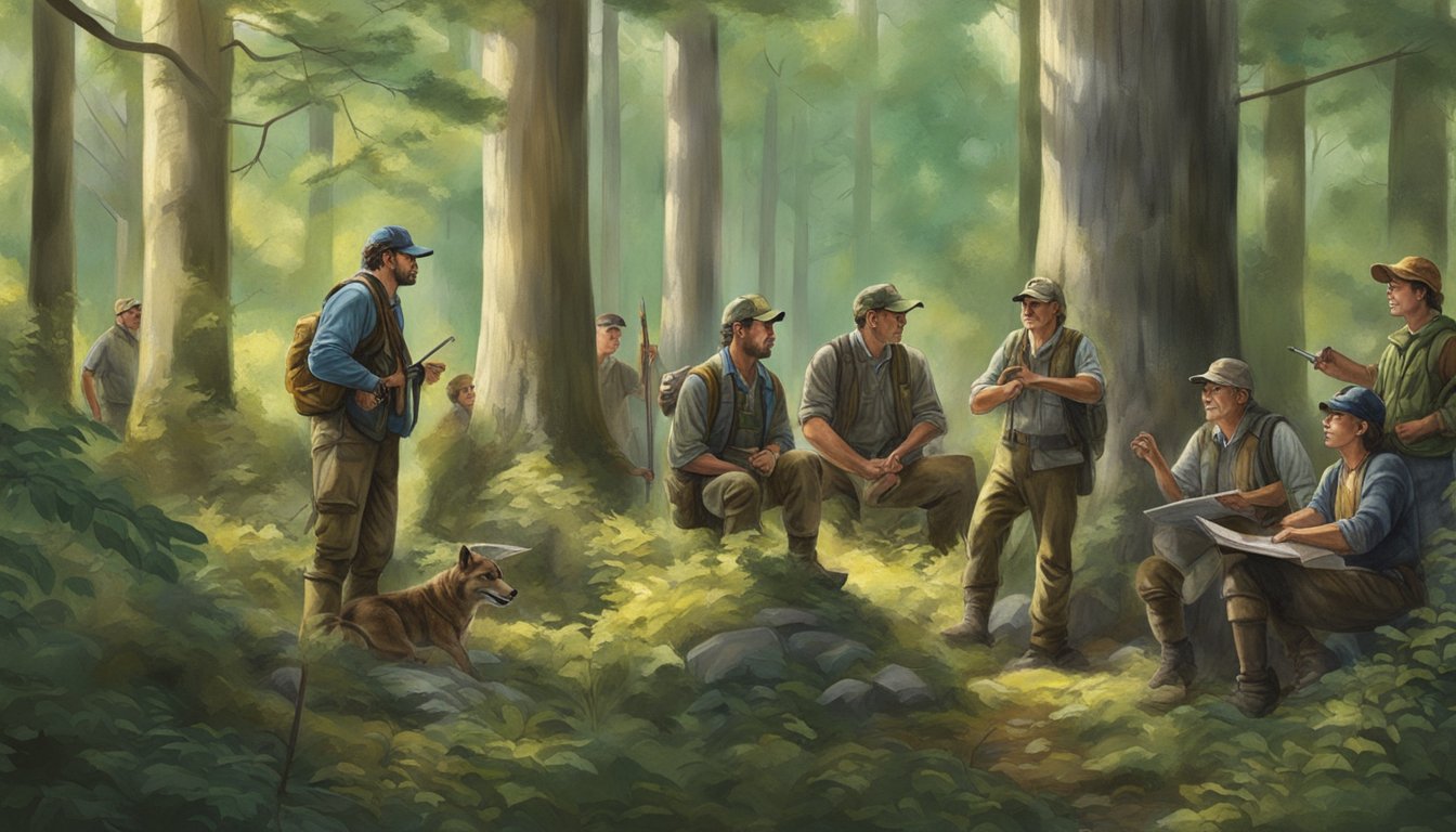 A group of hunters receiving education and support in a New York forest setting