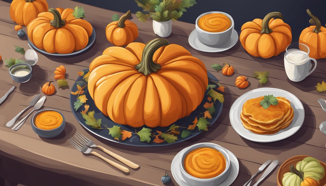 A table set with three different pumpkin dishes, surrounded by festive decorations