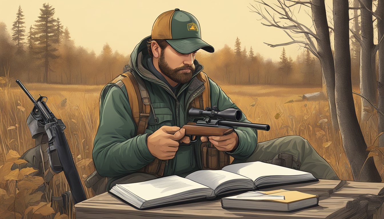 A hunter in Iowa studying a hunting regulation book with a firearm and safety equipment nearby