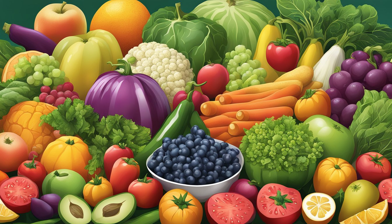 A colorful array of fresh fruits and vegetables arranged in a vibrant, inviting display