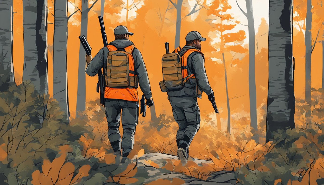 A hunter in camouflage holds a firearm while walking through a wooded area. A bright orange safety vest is visible