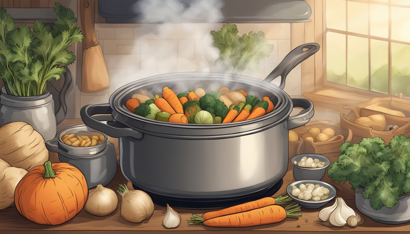 A pot of hearty winter vegetables simmering on a stove, steam rising, surrounded by rustic ingredients like carrots, potatoes, and onions