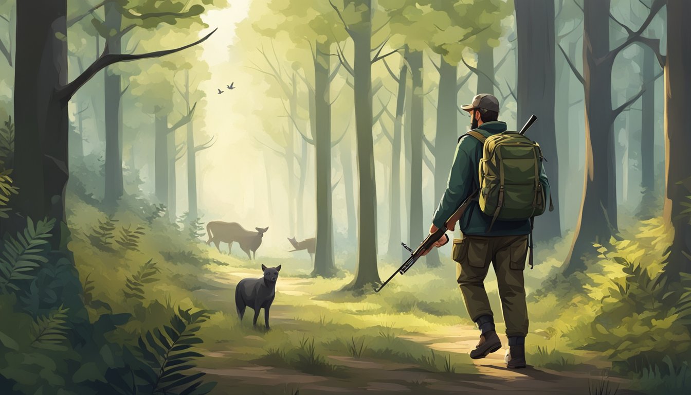 A hunter walking through a forest with a rifle and backpack, surrounded by trees and wildlife