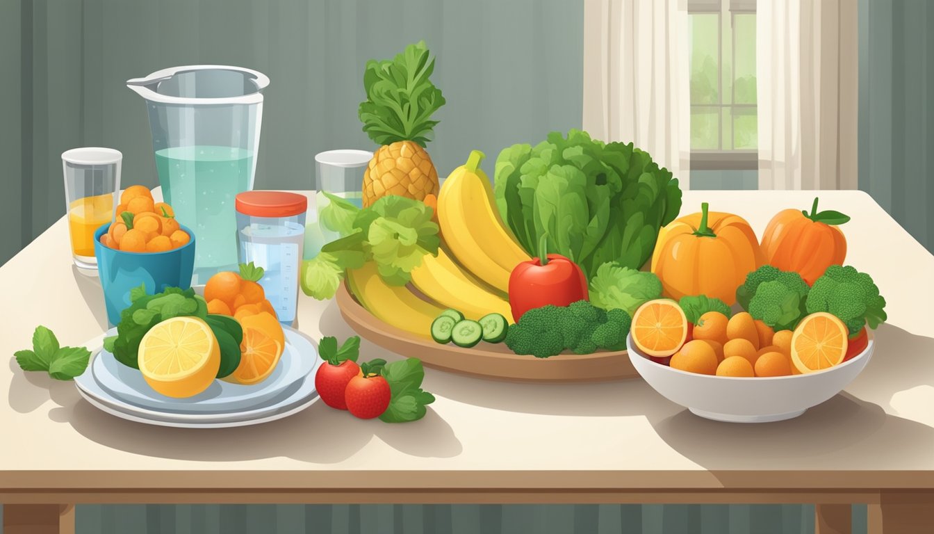 A kitchen table with fresh fruits and vegetables, a measuring tape, and a scale. A child's plate with healthy food and a glass of water