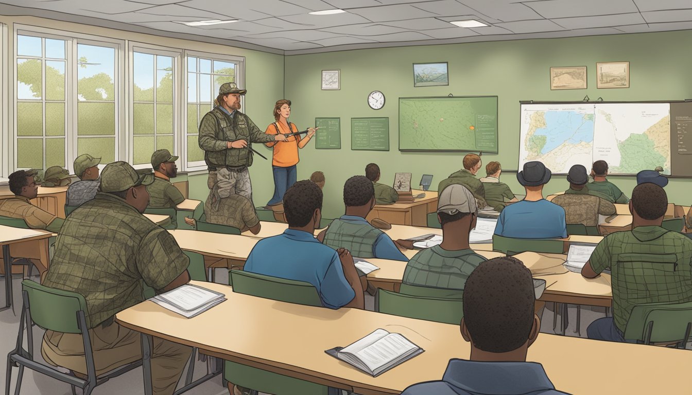 A hunter in Louisiana completing a hunter education course in a classroom setting, with instructors and fellow hunters