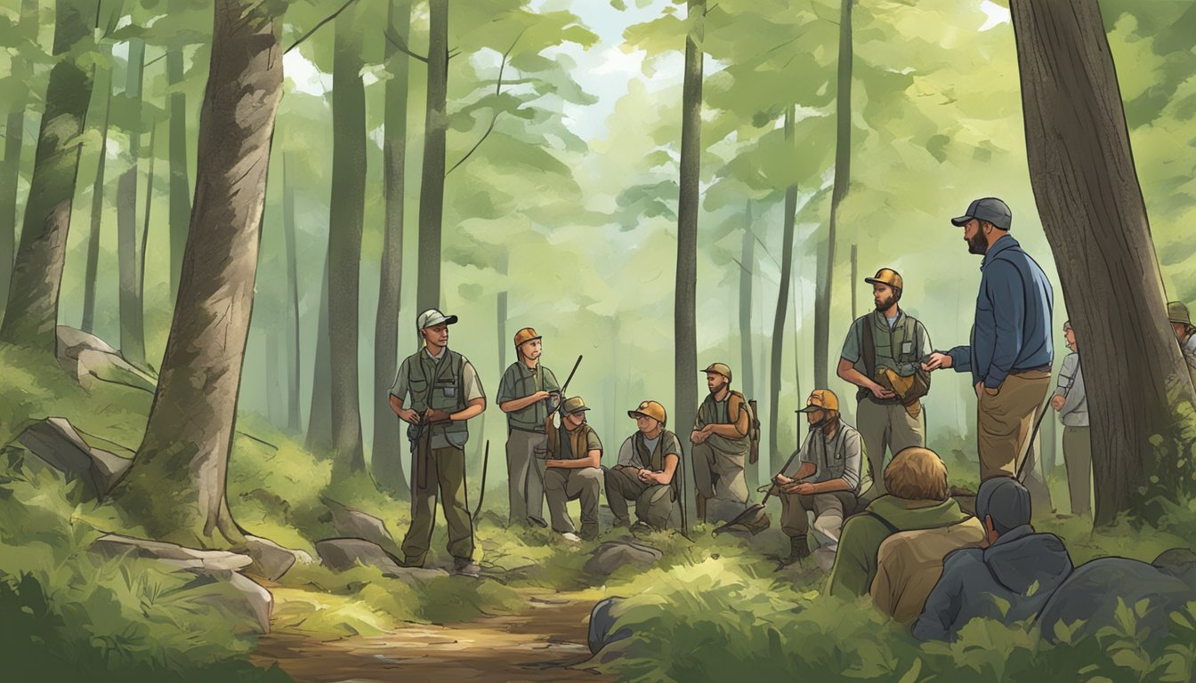 A hunter education instructor teaching a class in Pennsylvania forest