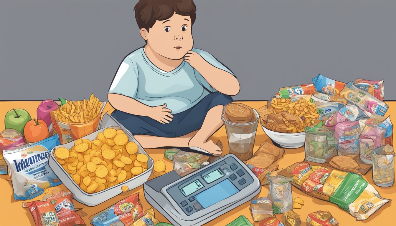 A child's scale surrounded by junk food wrappers, with a chart showing increasing weight and a worried parent looking on