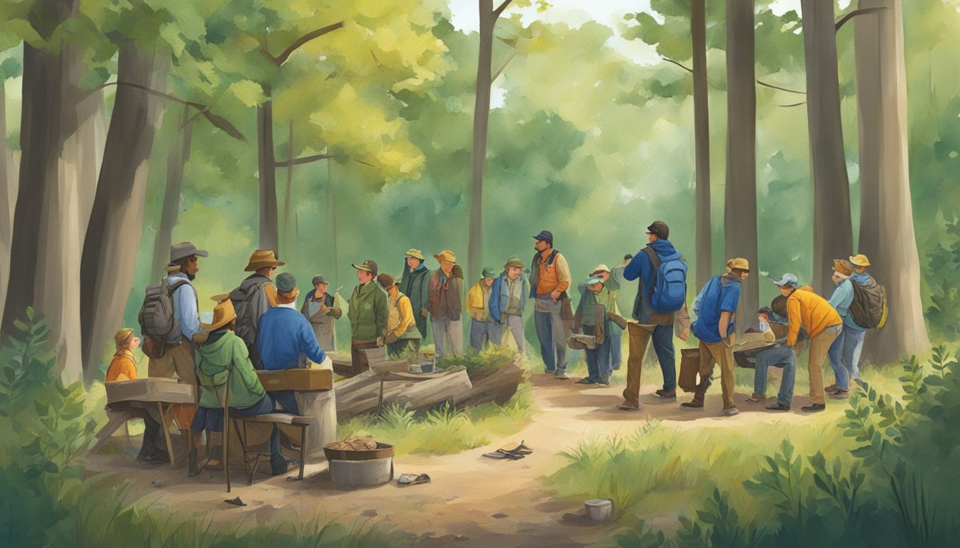 A group of people are gathered in a wooded area, participating in a hunter education program in Delaware. The scene includes outdoor elements such as trees, wildlife, and educational materials