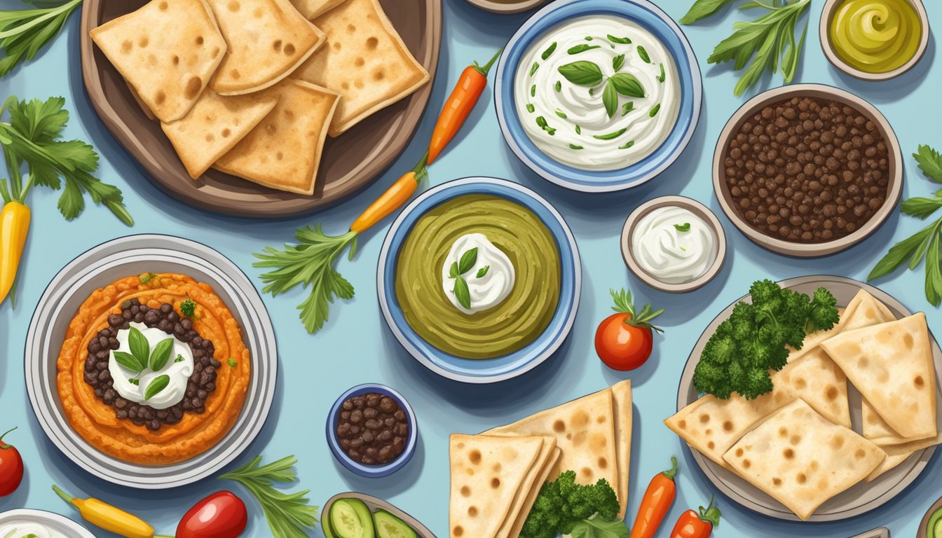 A table set with colorful bowls of hummus, tzatziki, and olive tapenade, surrounded by fresh vegetables and pita bread