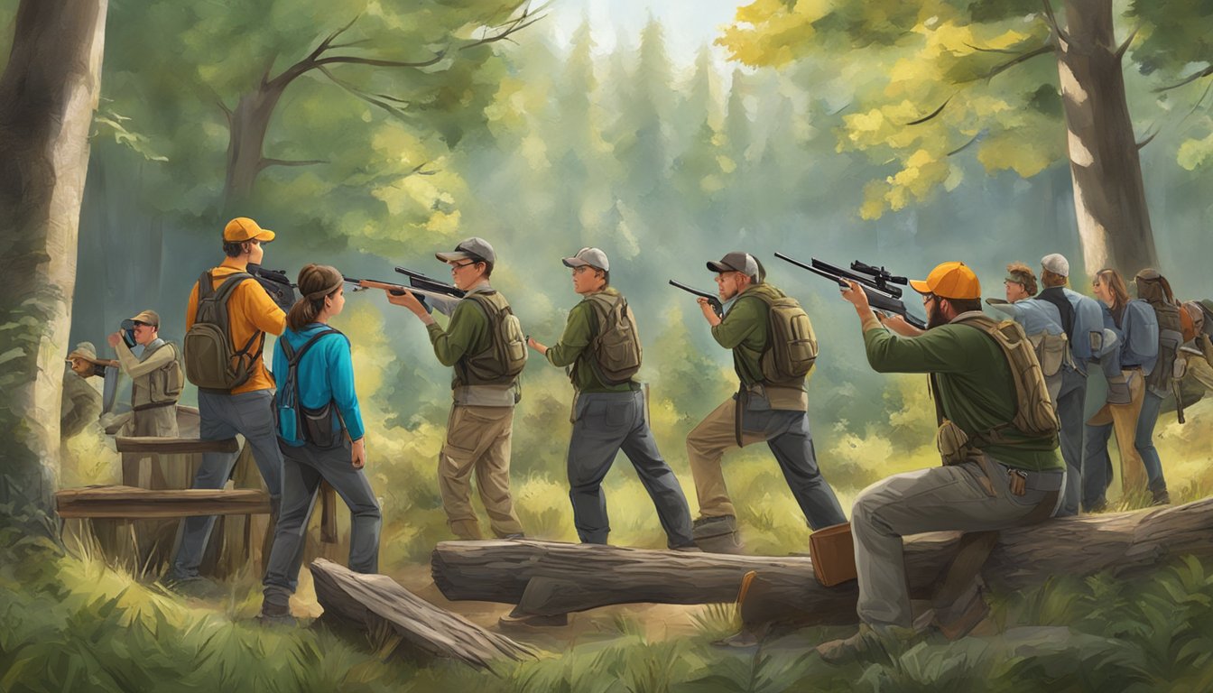 A group of students in hunter education class, surrounded by nature and wildlife, with instructors teaching firearm safety and hunting techniques