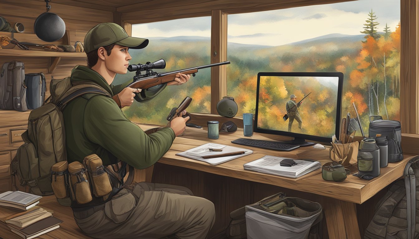 A hunter in Pennsylvania taking an online course, surrounded by hunting gear and educational materials