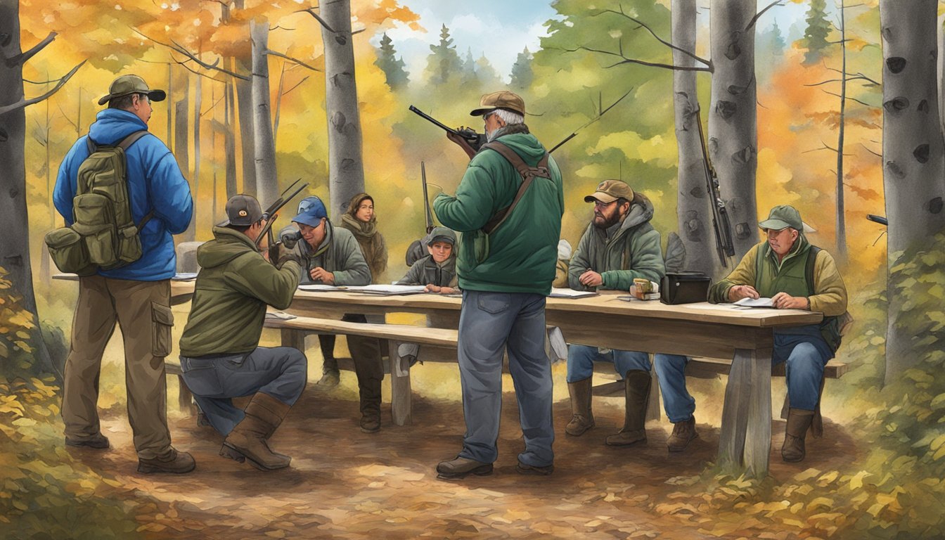 A group of people attending a hunter education course in Massachusetts, with instructors providing training and certification materials