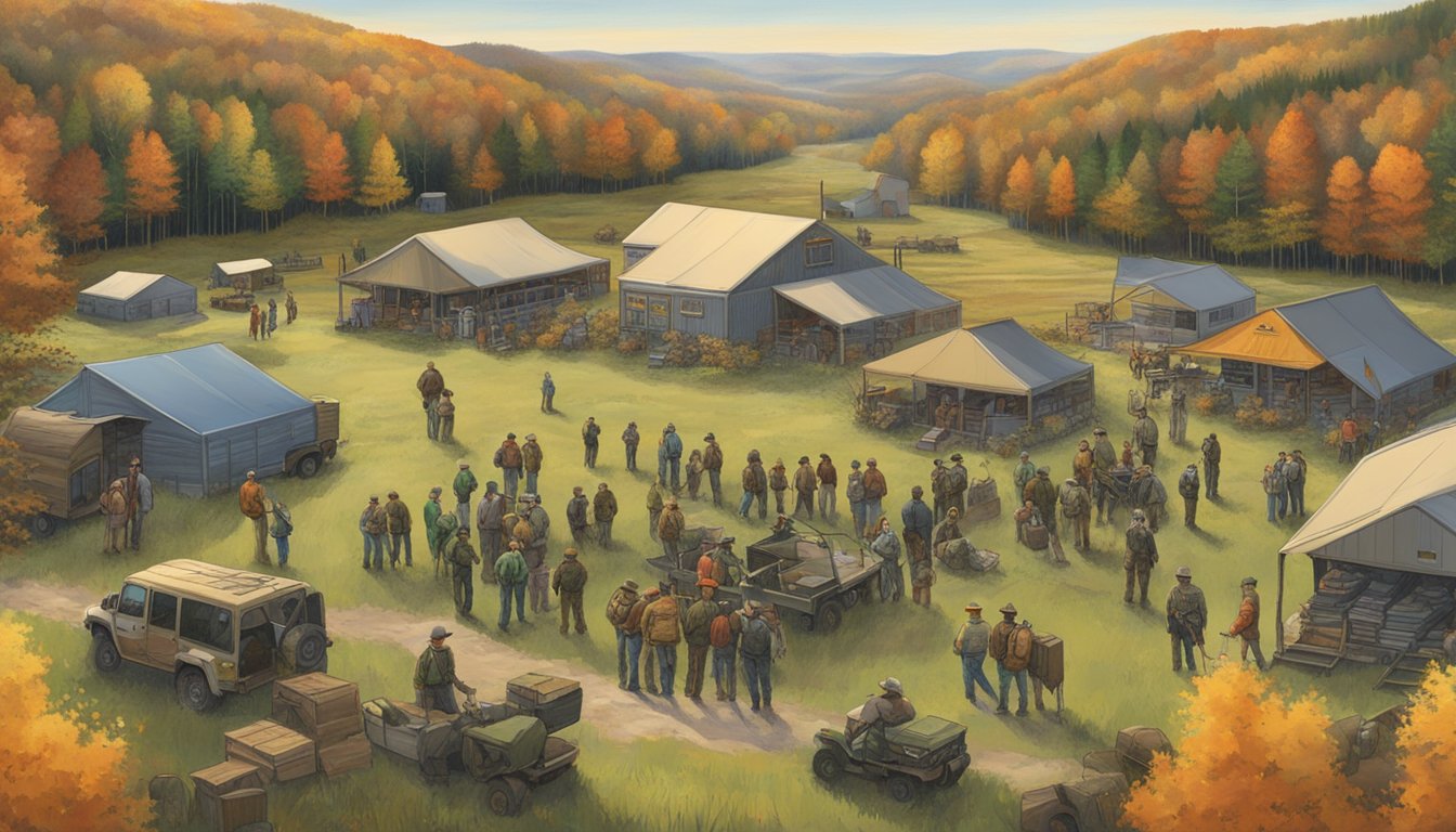 A group of hunters gather at a state resource center in Pennsylvania to receive education on hunting regulations and safety. Surrounding the center are vast public lands, with rolling hills and dense forest