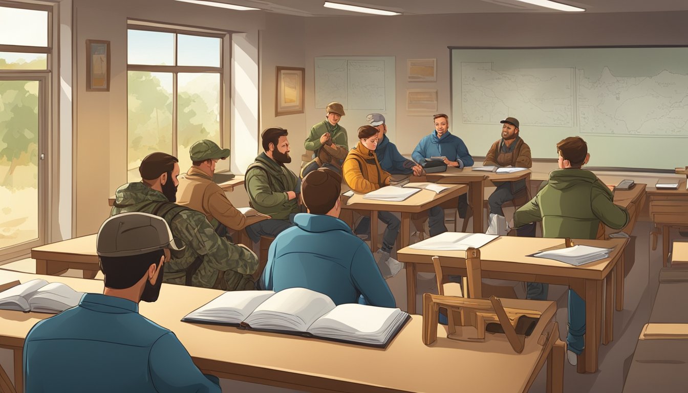 A group of hunters gather in a classroom, surrounded by educational materials and equipment. An instructor leads a discussion on specialized hunting techniques