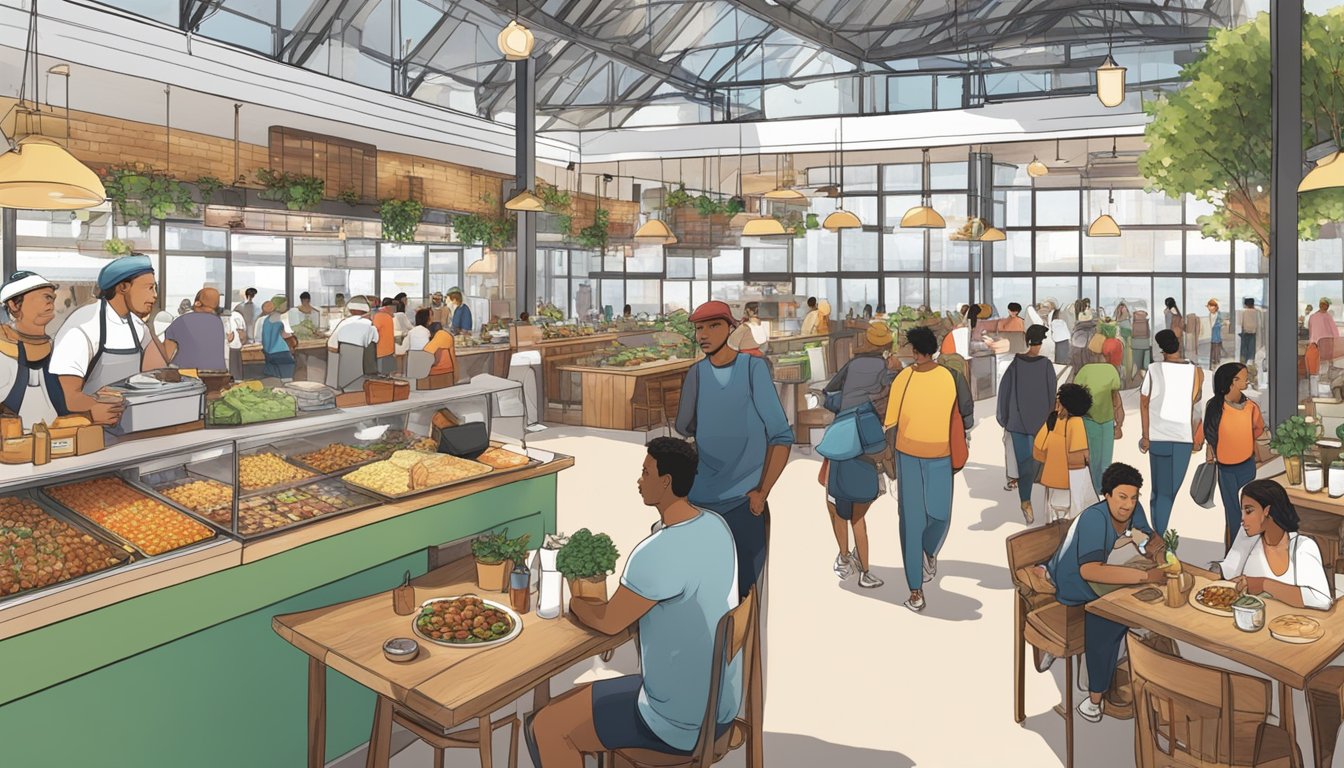 A bustling food hall with diverse vendors, trendy pop-up shops, and communal seating. A mix of traditional and innovative cuisines cater to a diverse crowd