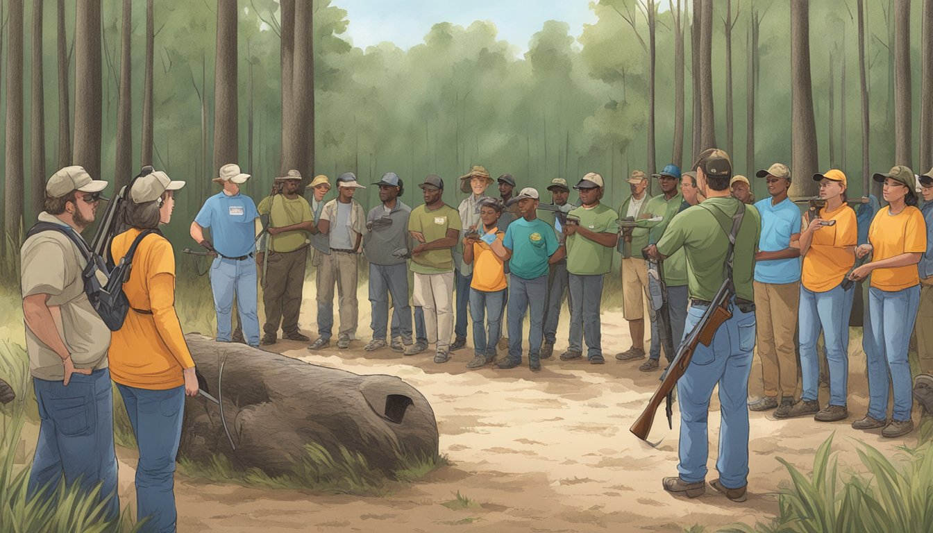 A hunter education class in Mississippi, with students listening to an instructor and practicing safe firearm handling and wildlife conservation