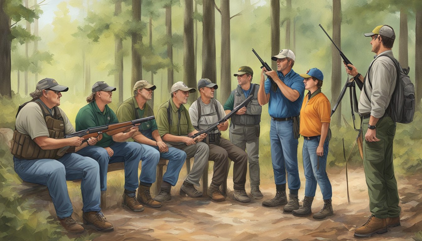 A group of individuals taking a hunter education course in Georgia, with instructors teaching firearm safety and wildlife conservation