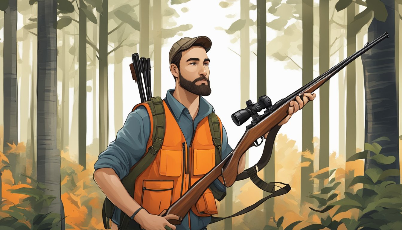 A hunter in a forest, wearing orange vest, holding a rifle. Signage displaying hunting regulations and safety guidelines posted nearby