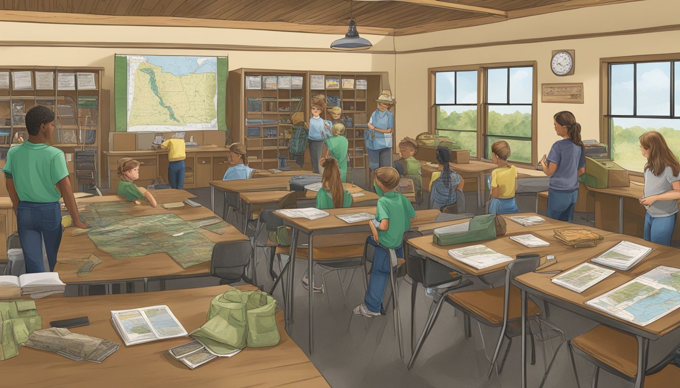 A classroom setting with students learning about hunter education in Mississippi. Maps, hunting gear, and educational materials are displayed