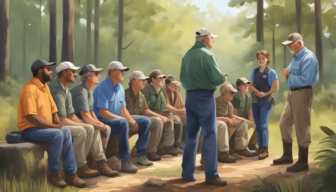 A group of people receiving instruction and assistance at a hunter education program in Georgia. Outdoor setting with instructors and students