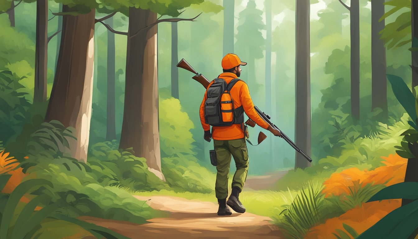 A hunter walking through a forest, carrying a rifle and wearing bright orange safety gear. The hunter is surrounded by lush green trees and wildlife