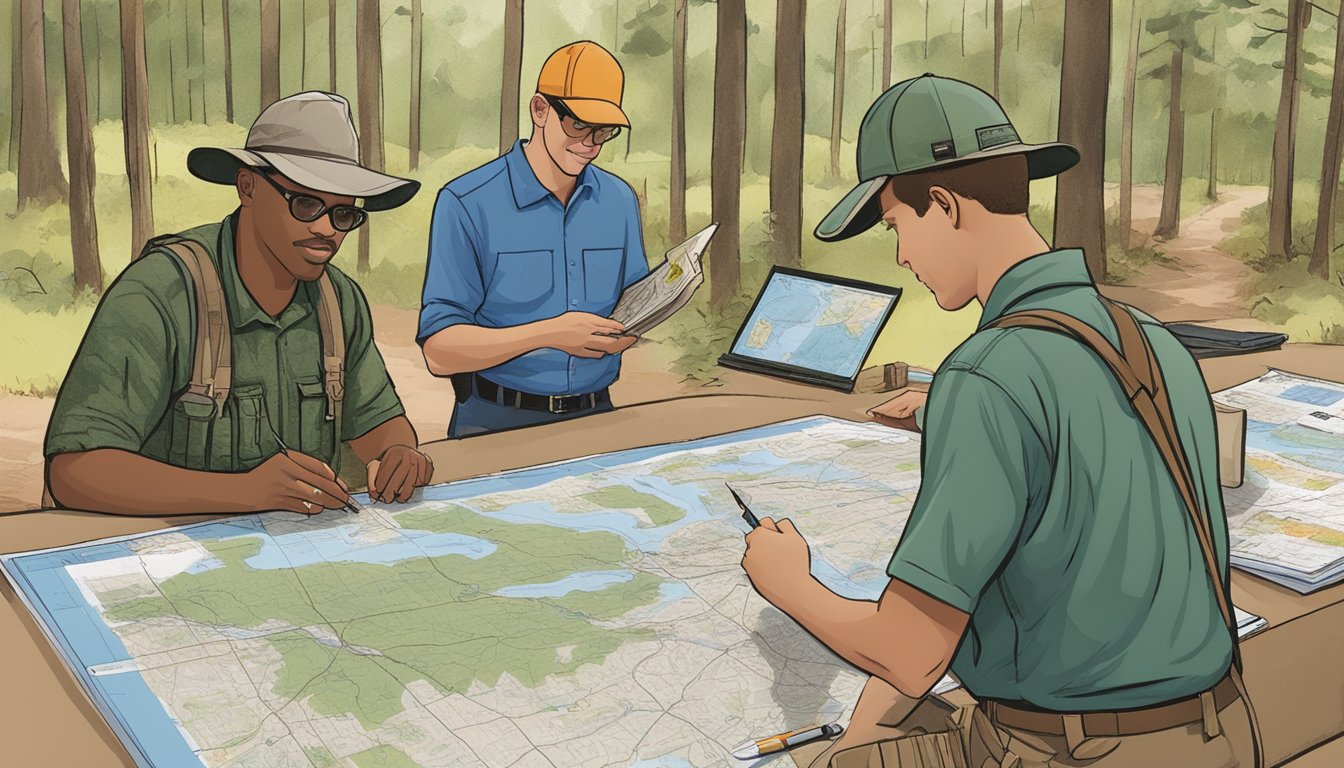 An education coordinator leading a hunter education program in Mississippi, surrounded by maps, wildlife illustrations, and outdoor equipment