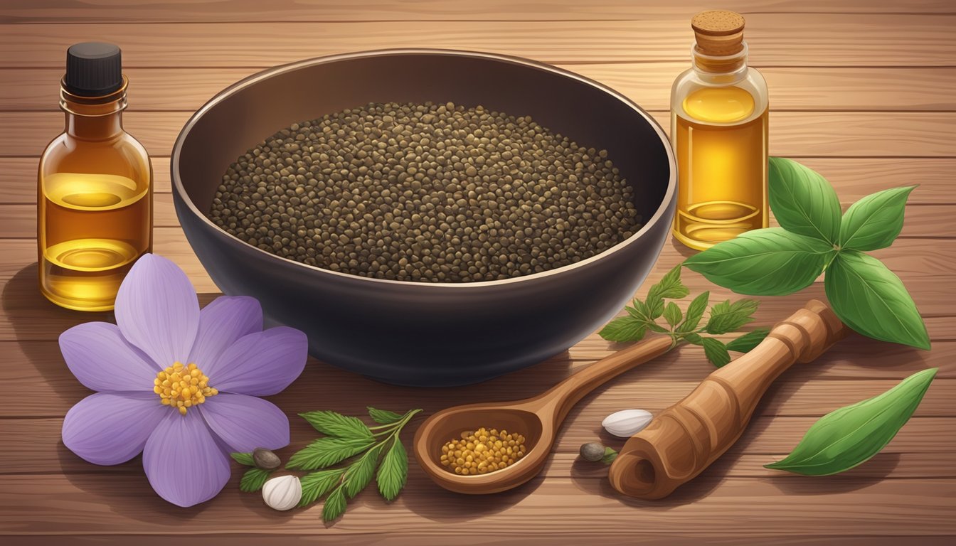 A bowl of carom seeds surrounded by healing herbs and a bottle of essential oil on a wooden table