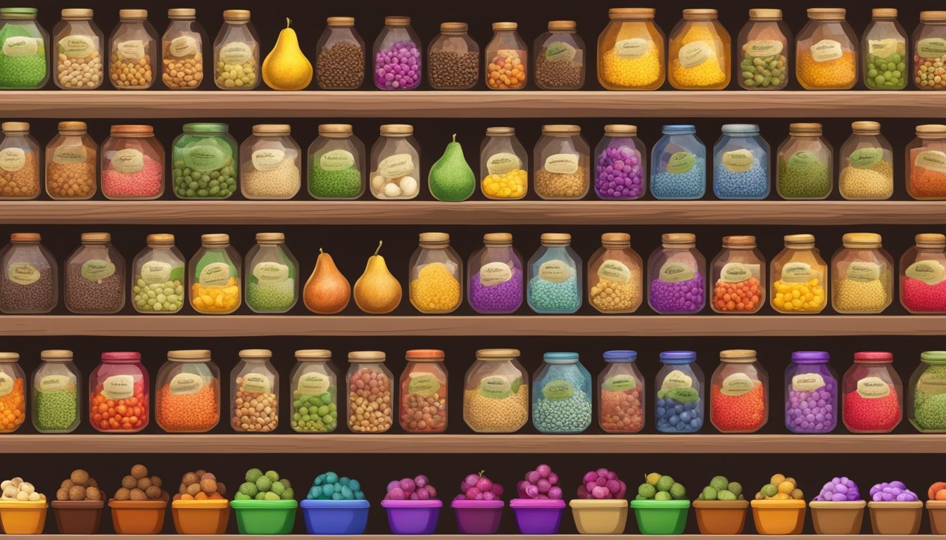 Carom seeds and fruits displayed on a vibrant global trade market stall, with various healing properties showcased