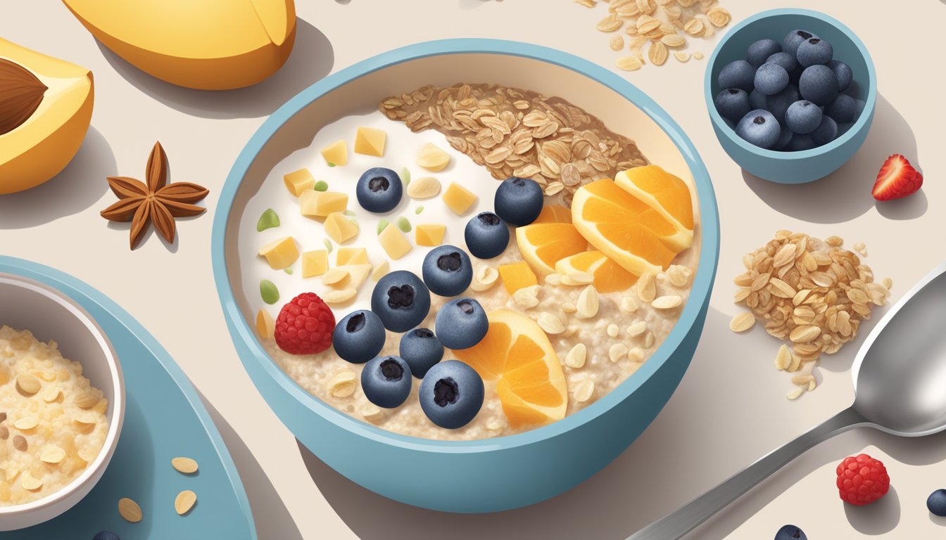 A bowl of overnight oats surrounded by various toppings and mix-ins on a kitchen counter