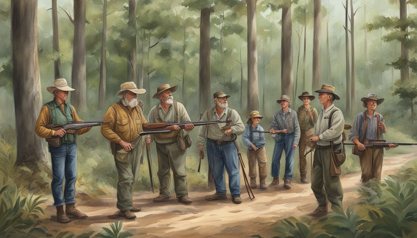 A group of Mississippi residents of various ages participate in a hunter education course, surrounded by the state's natural landscape