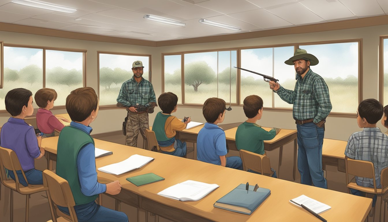 A hunter education instructor teaching a class of students in Texas