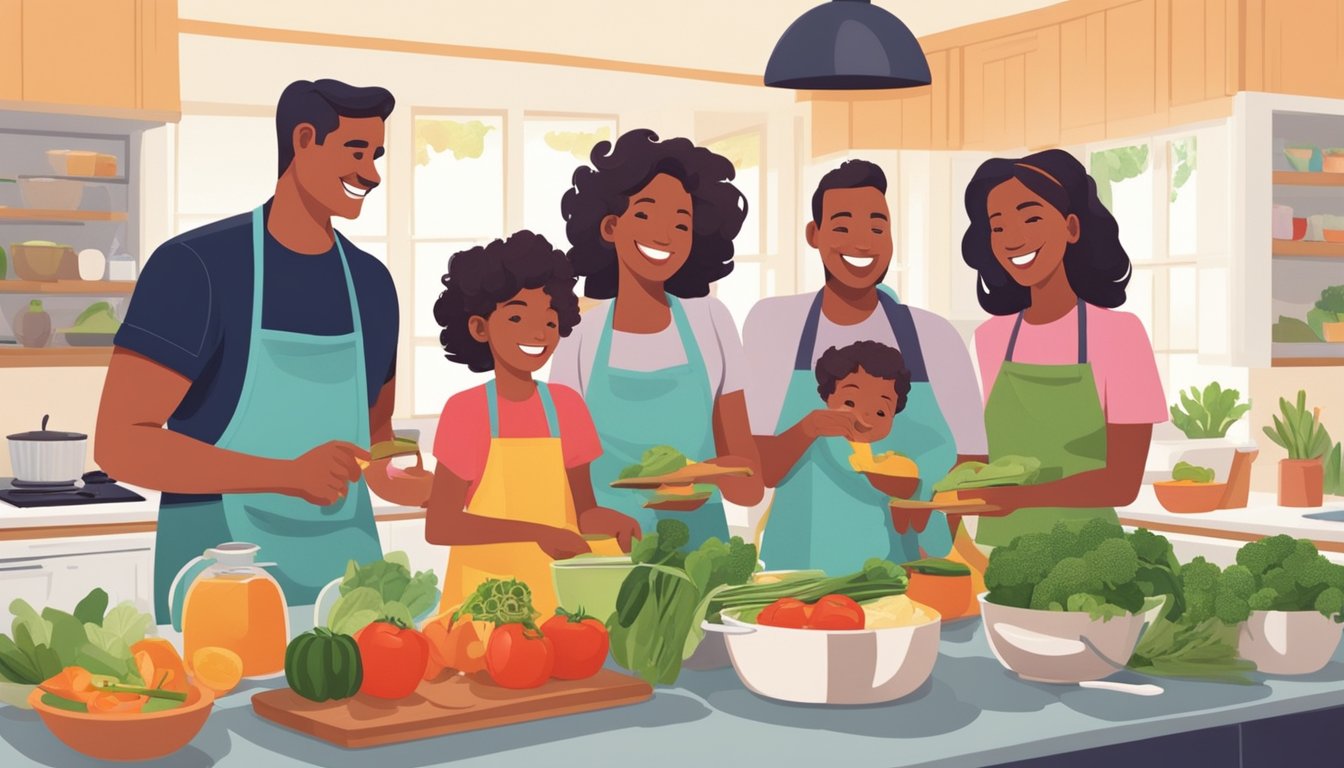 A family of four happily cooks together in a bright, spacious kitchen, surrounded by fresh ingredients and cooking utensils. Laughter and conversation fill the air as they prepare a variety of healthy and delicious dishes