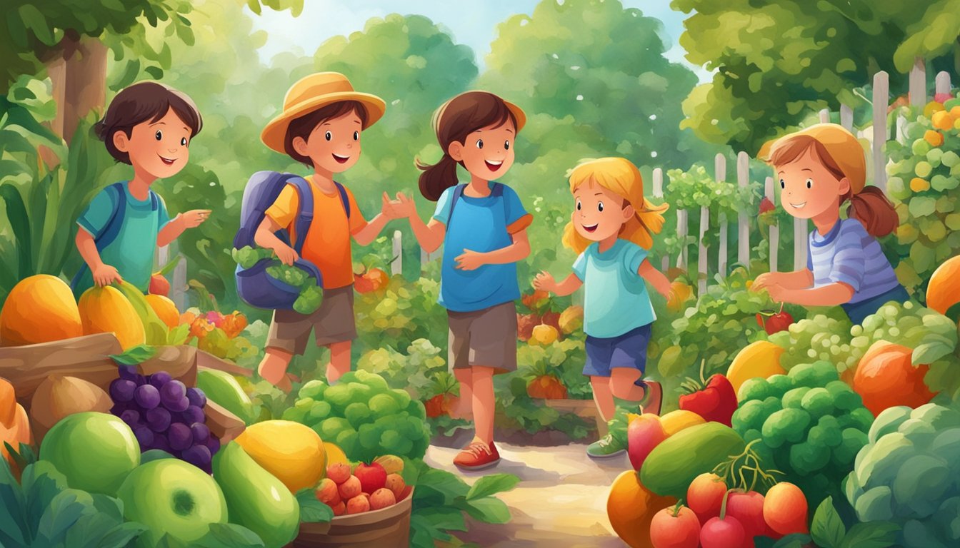 A group of children happily exploring a lush, colorful garden, surrounded by vibrant fruits and vegetables. They are engaged and curious, eagerly reaching out to touch and taste the natural bounty around them