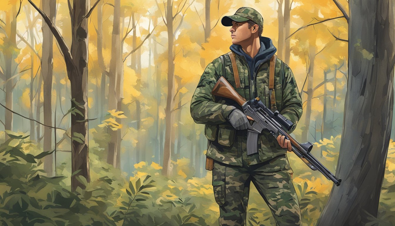 A hunter in a camouflage outfit standing in a wooded area, holding a rifle and looking out over a clearing