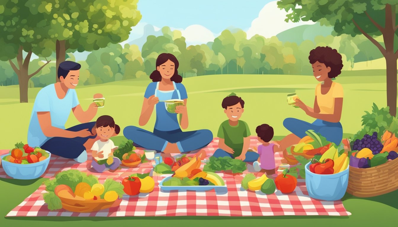 A family picnic in a lush green park, with a variety of fresh fruits and vegetables spread out on a checkered blanket. Children happily snacking on the colorful, healthy foods while parents look on with pride