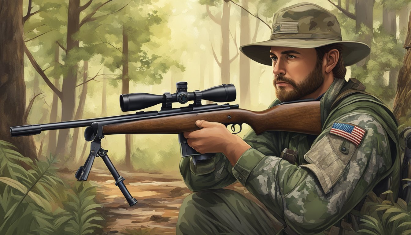 A hunter in Texas education setting, with rifle, camouflage clothing, and wildlife in a forest