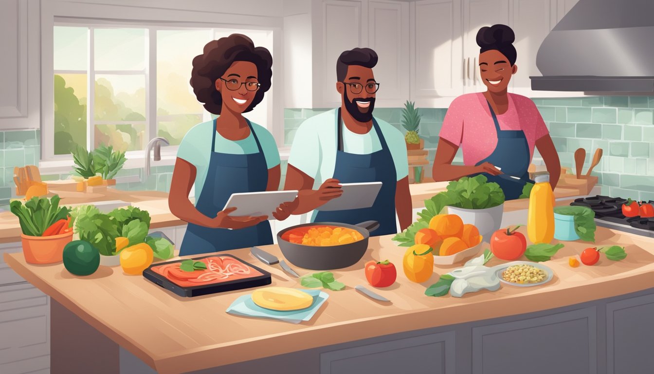 A colorful kitchen counter with fresh ingredients, a cookbook, and a tablet displaying easy recipes. A family gathers around, excited to cook together