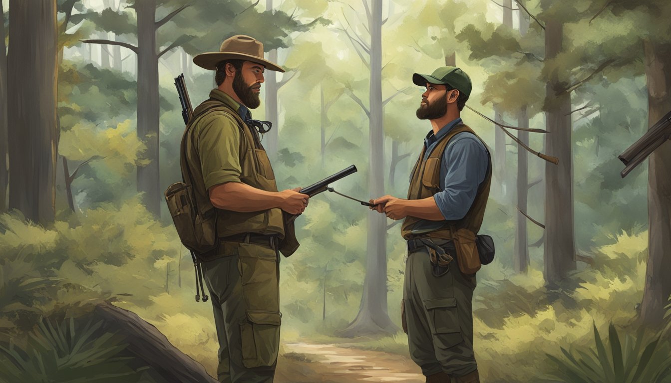 A hunter exchanging knowledge with a fellow hunter in a Texas forest