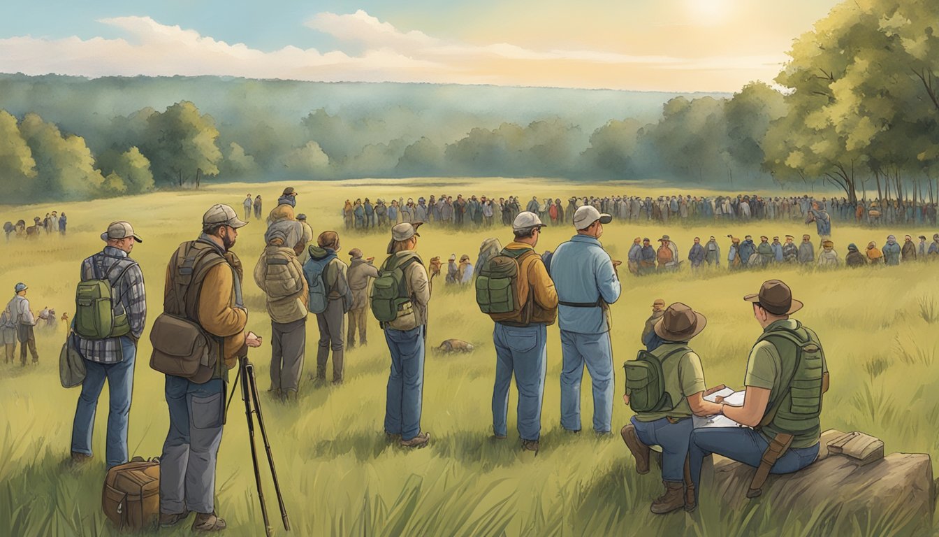 A group of people gather in a field for a hunter education event in Illinois, with informational materials and activities set up around the area