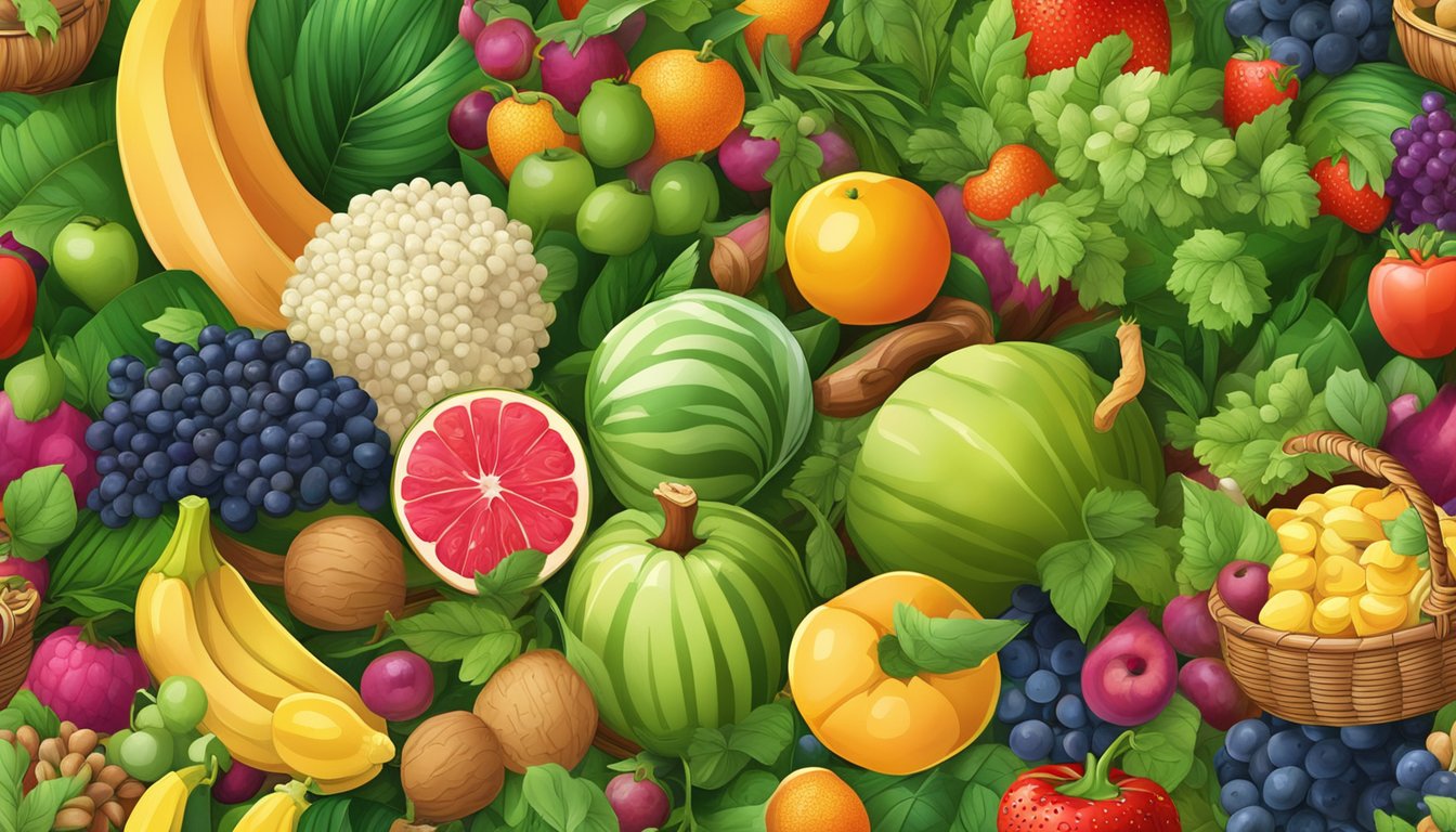 A colorful array of fresh fruits, vegetables, nuts, and grains spilling out of woven baskets, surrounded by lush greenery and blooming flowers