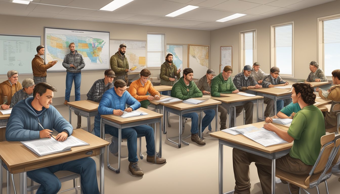 A group of hunters complete a certification process in a Nebraska classroom, surrounded by educational materials and instructors