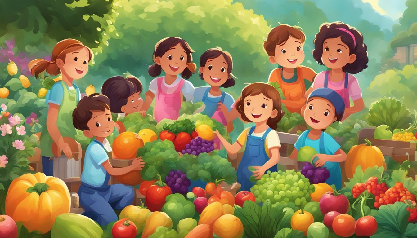 A group of children happily picking fresh fruits and vegetables from a vibrant garden, surrounded by lush greenery and colorful flowers