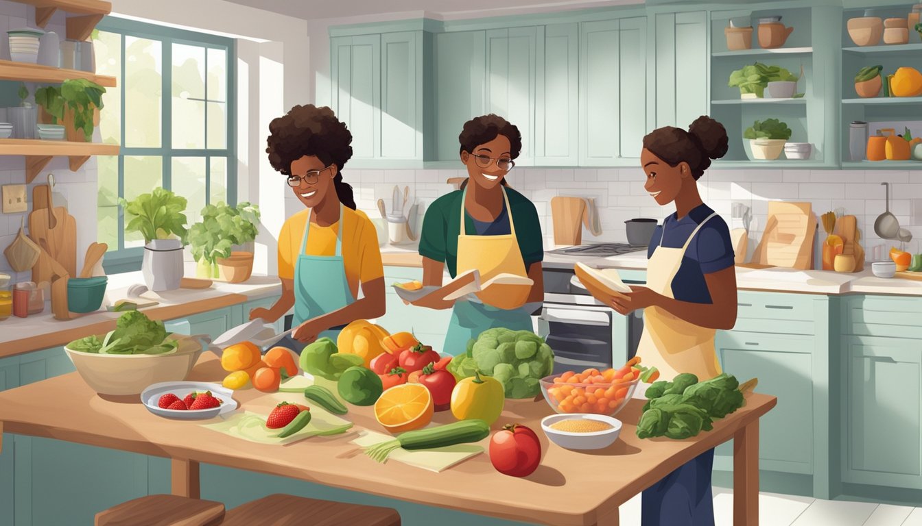 A family cooking together in a bright, organized kitchen, surrounded by fresh fruits, vegetables, and recipe books