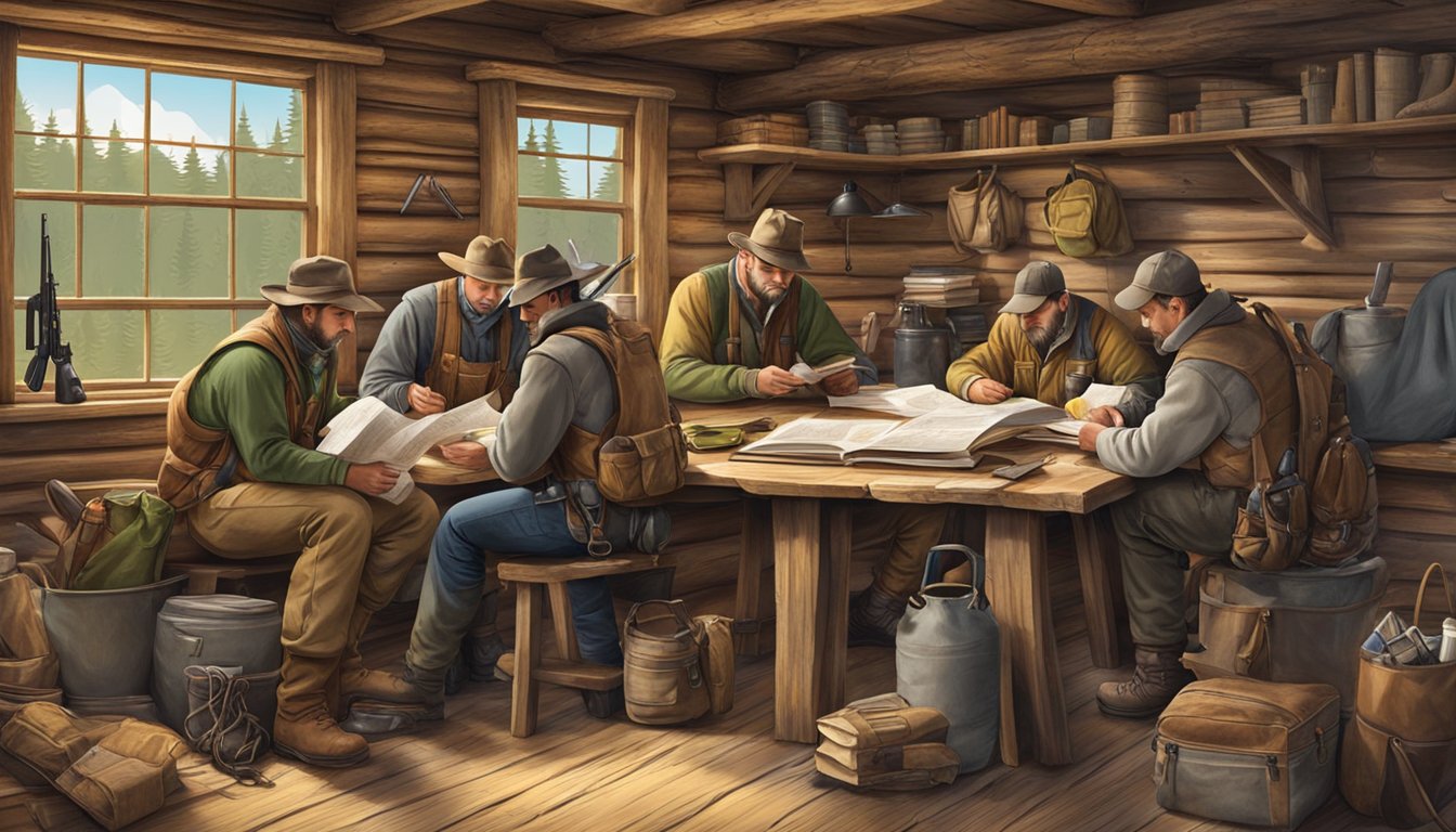 A group of hunters studying a map and regulations booklet in a rustic cabin, surrounded by hunting gear and equipment