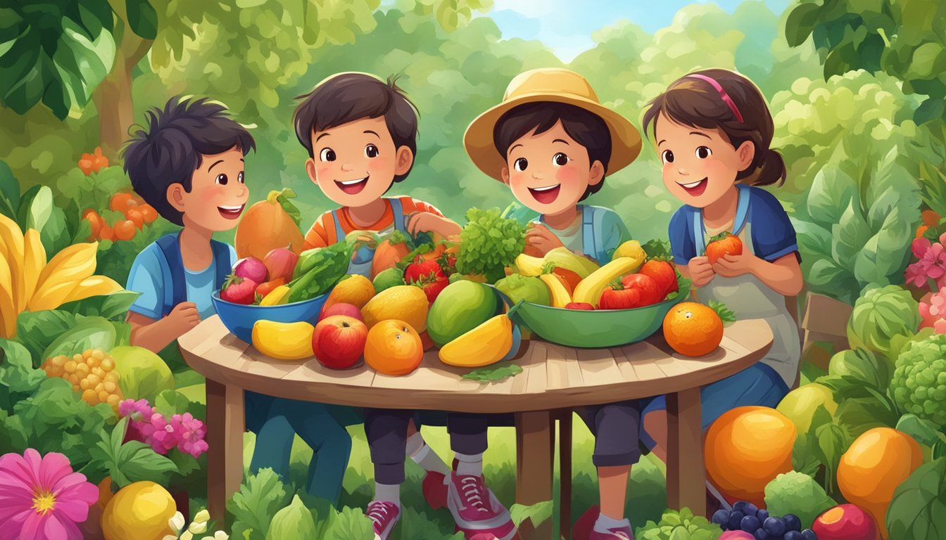 A group of children happily eating a variety of fruits and vegetables surrounded by lush greenery and colorful flowers