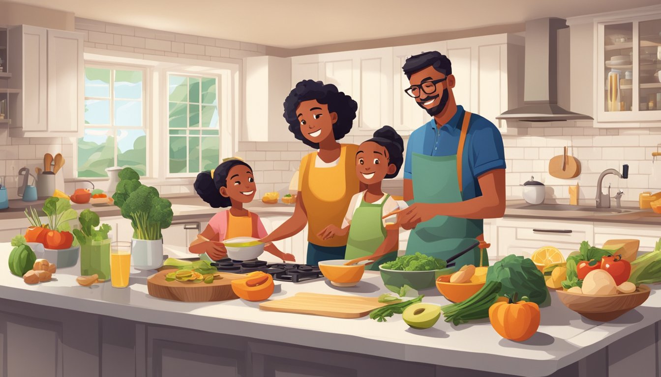 A family gathered around a kitchen island, joyfully cooking and tasting healthy recipes together. Ingredients and utensils scattered around