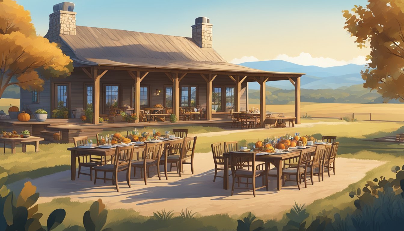 A rustic Texas ranch with a large outdoor dining table set for a Thanksgiving feast, surrounded by rolling hills and a clear blue sky