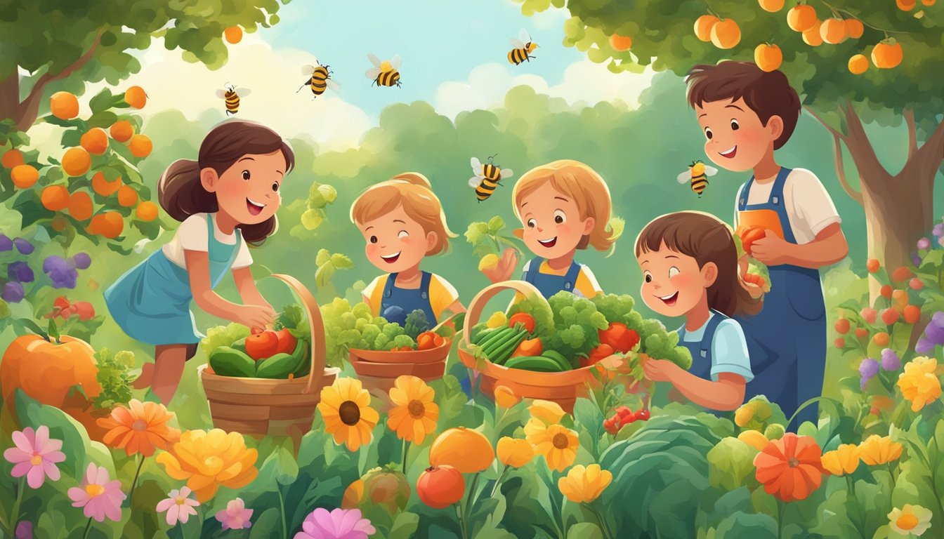 A group of children happily picking fresh fruits and vegetables from a vibrant garden. Bees buzz around colorful flowers nearby