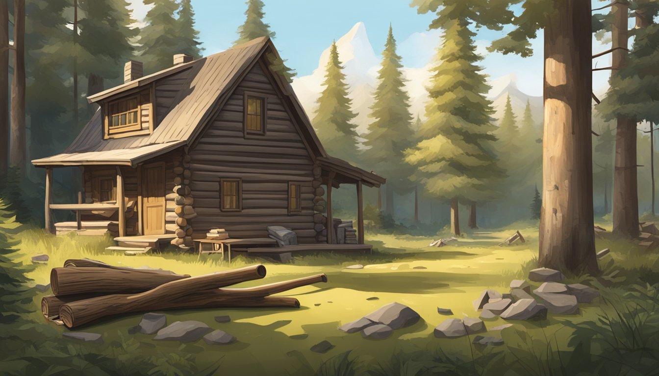 A serene forest clearing with a rustic cabin, a hunting rifle, and educational materials scattered around