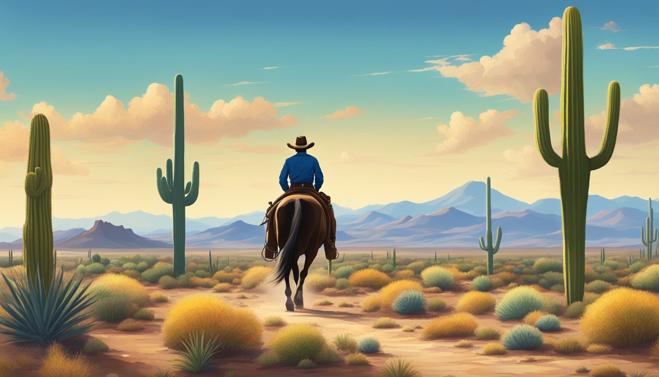 A lone cowboy rides through the vast Texan plains, surrounded by rolling hills and cacti, under a bright blue sky